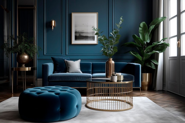 Een woonkamer met een blauw fluwelen bank en een gouden salontafel