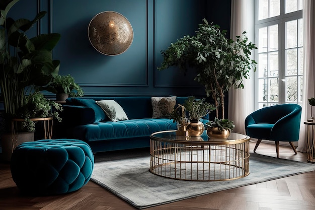 Een woonkamer met een blauw fluwelen bank en een gouden salontafel.