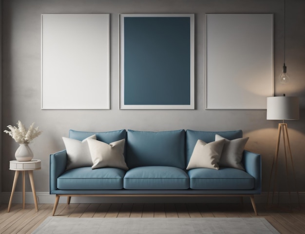 Een woonkamer met een blauwe bank en drie witte ingelijste foto's aan de muur.