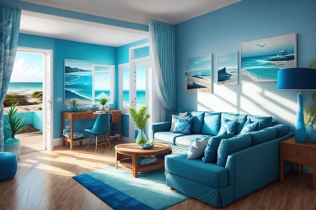 Een woonkamer met een blauwe bank en een tafel met een afbeelding van een strand.