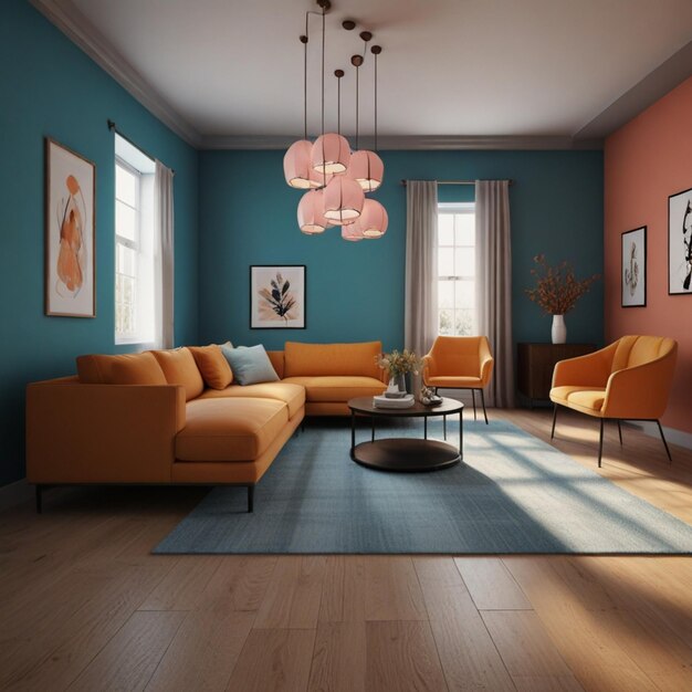 een woonkamer met een blauwe muur en oranje stoelen