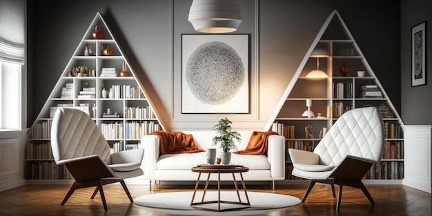 Foto een woonkamer met een boekenkast en een witte bank met een ronde tafel en twee stoelen.