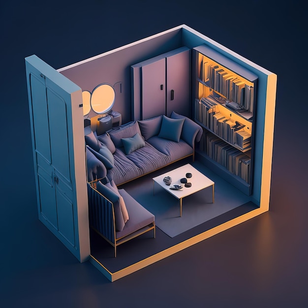Een woonkamer met een boekenplank en een bank met kussens