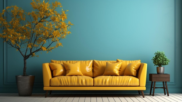 Een woonkamer met een gele bank en een blauwe muur met een plant erop