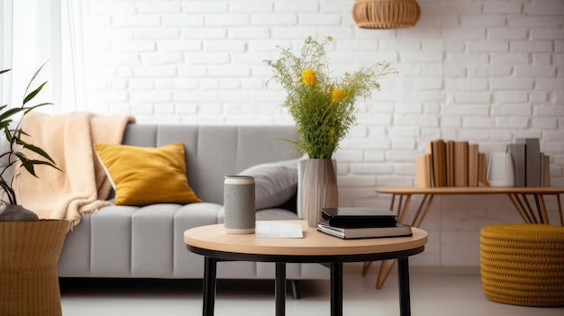 Een woonkamer met een grijze bank en een salontafel met een vaas bloemen erop.