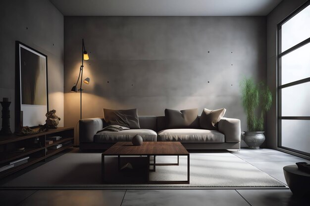 Een woonkamer met een grijze muur en een lamp met 'het woord thuis' erop