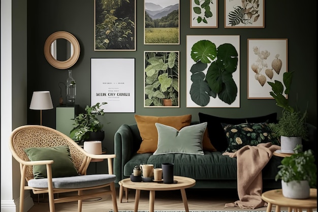 Een woonkamer met een groene bank, een bank, een salontafel en een plant aan de muur.