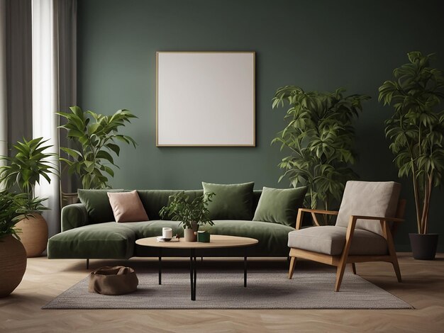 Foto een woonkamer met een groene muur en een bankje met een groen bankje en een houten koffietafel