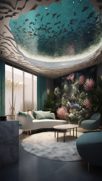 Een woonkamer met een groot aquarium aan het plafond