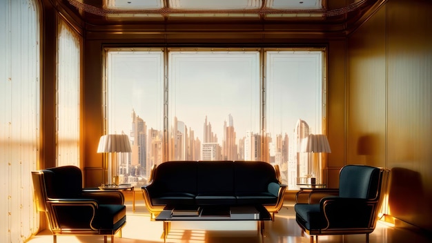 Een woonkamer met een groot raam waar 'the city of dubai' op staat