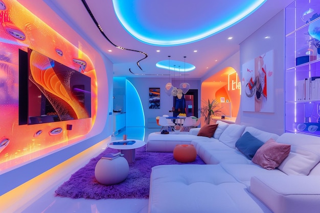 Een woonkamer met een groot scherm TV en een rood en paars thema