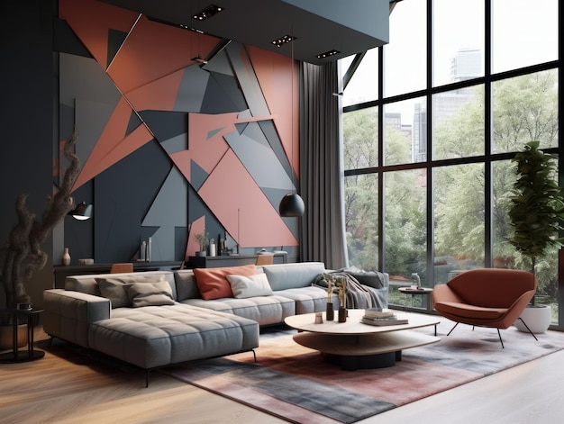 Een woonkamer met een grote muur met een geometrisch patroon erop.