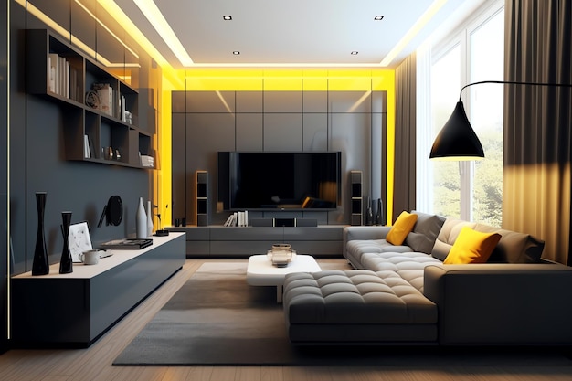 Een woonkamer met een grote tv en aan de linkerkant een bank met een geel kussen.
