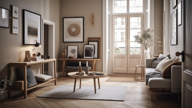 Een woonkamer met een houten tafel en een bank met een fotolijst aan de muur.