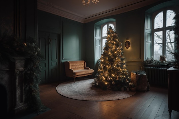 Een woonkamer met een kerstboom en een bank.