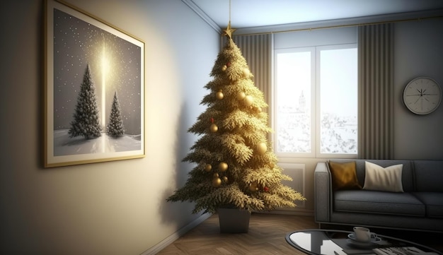 Een woonkamer met een kerstboom en een foto van sneeuw