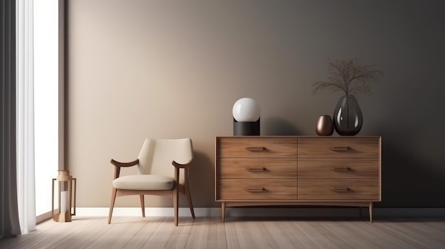 Een woonkamer met een lamp en een dressoir