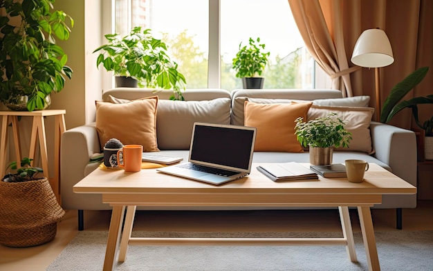 Een woonkamer met een laptop op een salontafel en een raam met planten erop.