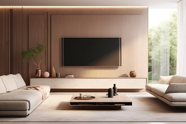 Een woonkamer met een moderne inrichting heeft een tweekleurige muurachtergrond en een tv-meubel weergegeven in een weergave