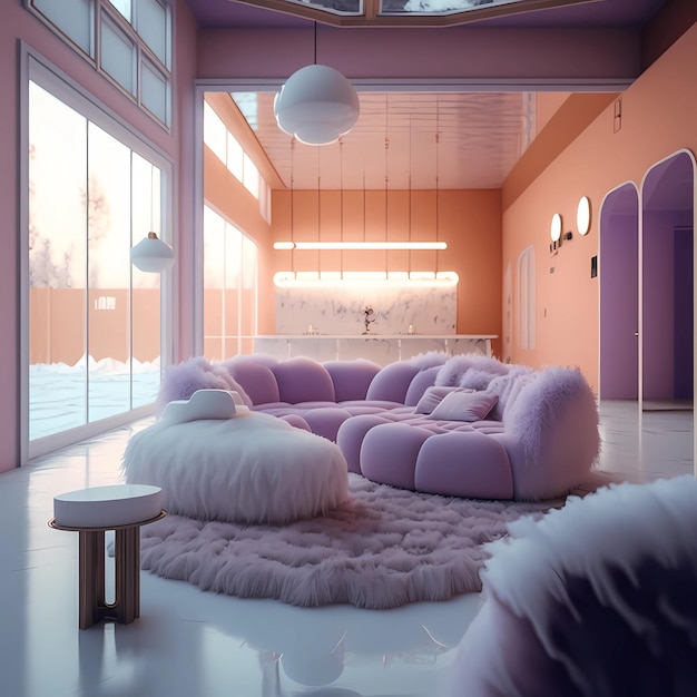 Een woonkamer met een paars vloerkleed en een paars vloerkleed.