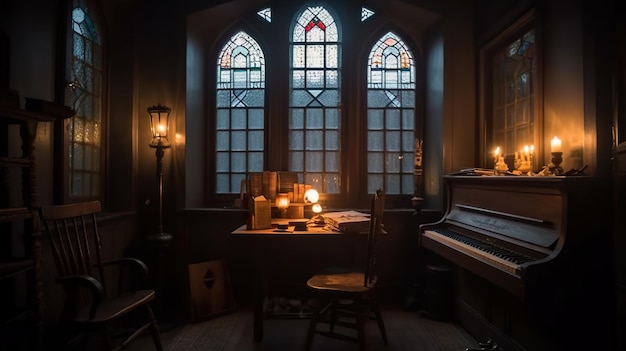 Een woonkamer met een piano en een raam AI generatief beeld Donkere academische stijl