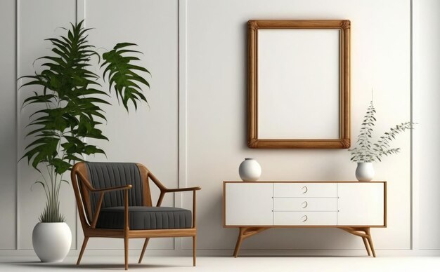 Foto een woonkamer met een plant aan de muur en een stoel ervoor.