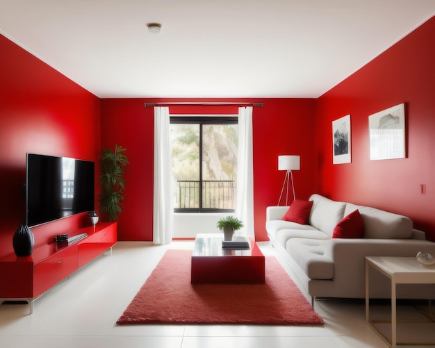 Een woonkamer met een rood vloerkleed en een witte bank