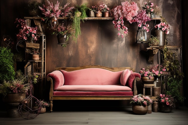 een woonkamer met een roze bank en bloemen op de muur