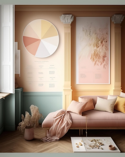 Een woonkamer met een roze bank en een grote klok aan de muur met de tekst 'a circle of colour'