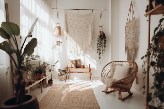 Foto een woonkamer met een stoel en een hangplant