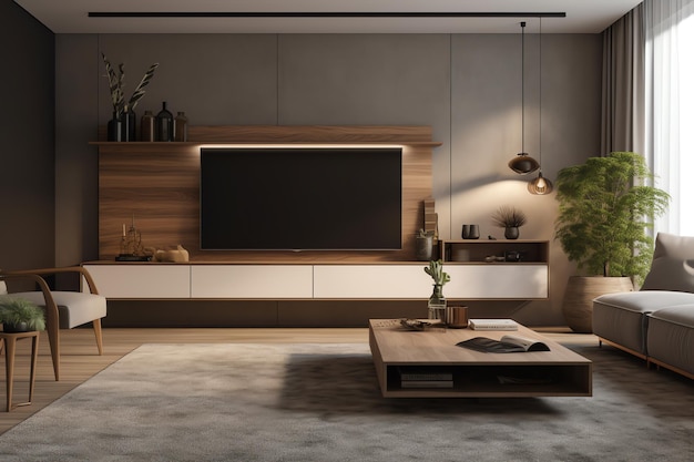 Een woonkamer met een tv aan de muur en een houten kast met een witte plank