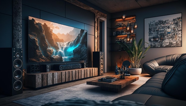 Een woonkamer met een tv en een afbeelding van een waterval aan de muur.