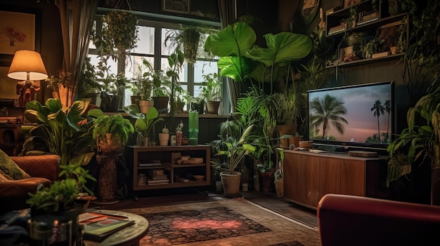 Een woonkamer met een tv en planten aan de muur