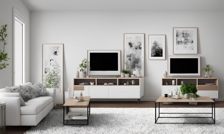 Foto een woonkamer met een witte bank, een tv en een muur met foto's erop.