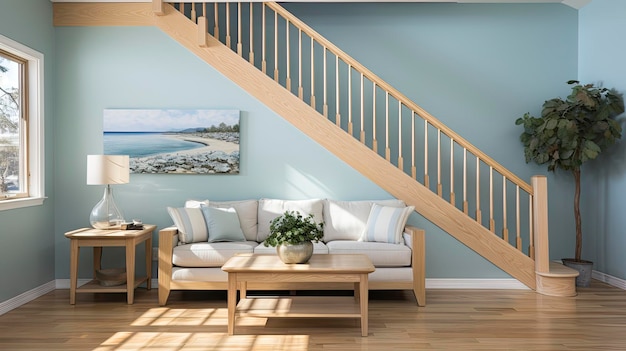 een woonkamer met een witte bank en een houten tafel met een schilderij aan de muur.