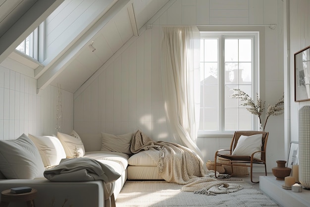 Een woonkamer met een witte bank en een raam.
