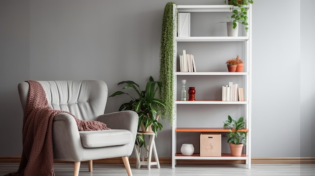 Een woonkamer met een witte boekenkast en een plant op de plank.