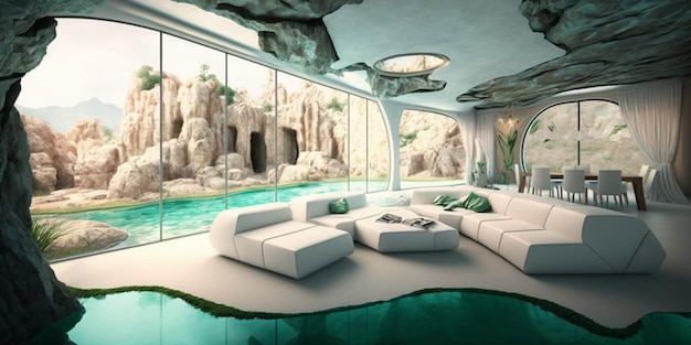 Een woonkamer met een zwembad en uitzicht op het zwembad.
