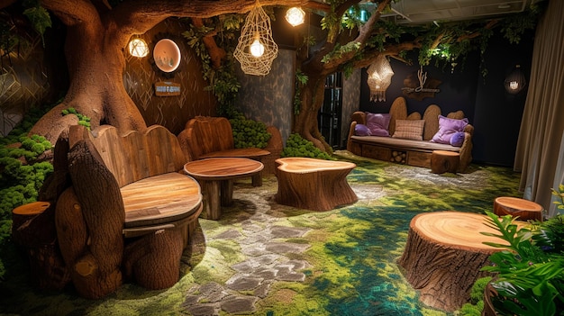 Een woonkamer met meubels van boomstammen, mos tapijten en zachte gloeiende lichten AI Generative