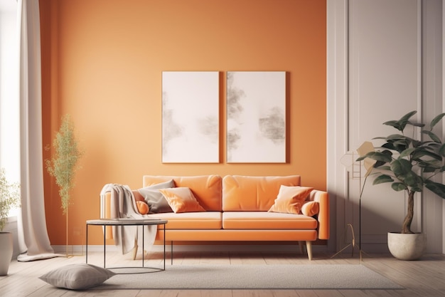 Een woonkamer met oranje muren en een bank met de woorden "thuis" op de muur.
