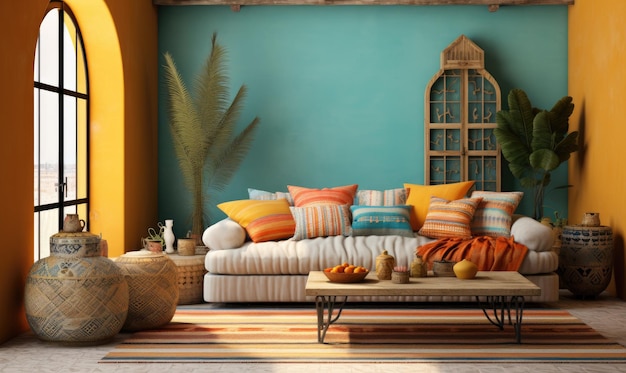 Een woonkamer met oranje muren en een blauwe bank