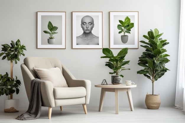 Een woonkamer met planten aan de muur en een stoel met daarop een vrouw.