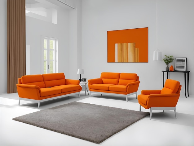 Een woonkamer met twee banken en een oranje fauteuil en een grijs tapijt