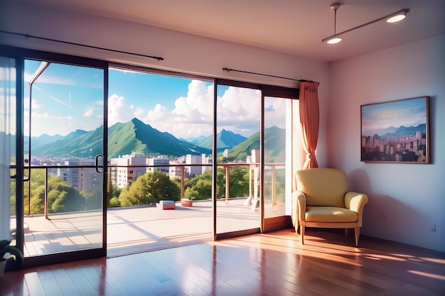 Een woonkamer met uitzicht op bergen en een raam