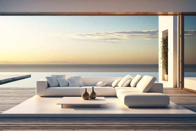 Een woonkamer met uitzicht op de oceaan en een zonsondergang aan de muur
