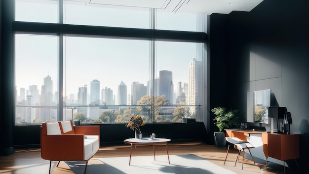 Een woonkamer met uitzicht op de skyline van de stad