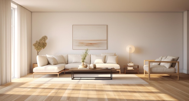 een woonkamer met witte muur en houten vloeren