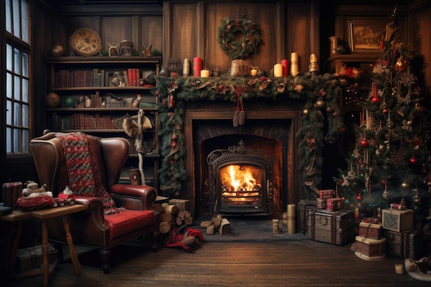 een woonkamer versierd voor kerstmis met een open haard