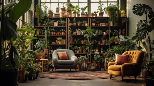 Een woonkamer vol met veel planten en meubels