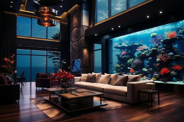 Een woonkamer vol meubels en een groot aquarium AI